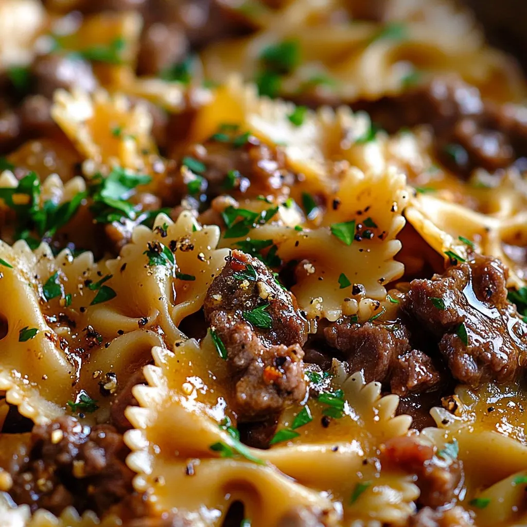 Cheesy Beef & Bowtie Pasta in Garlic Butter