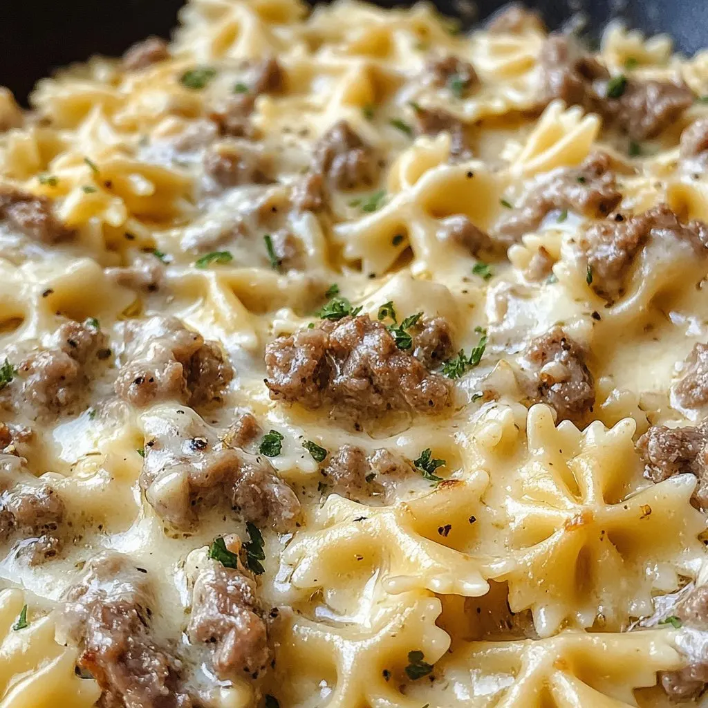 Cheesy Beef & Bowtie Pasta in Garlic Butter