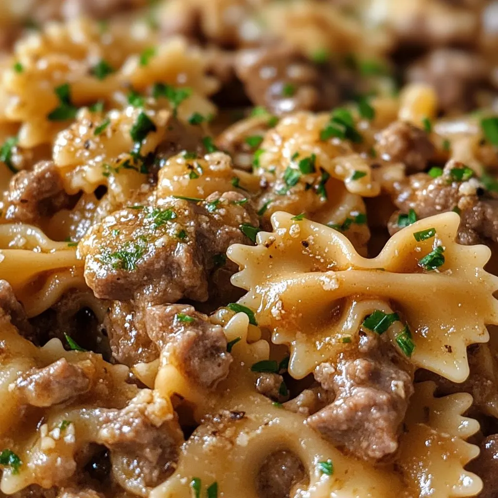 Cheesy Beef & Bowtie Pasta in Garlic Butter