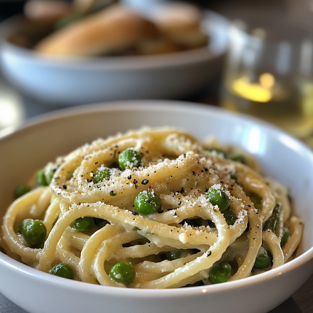 Garlic Cream Bucatini with Peas and Asparagus