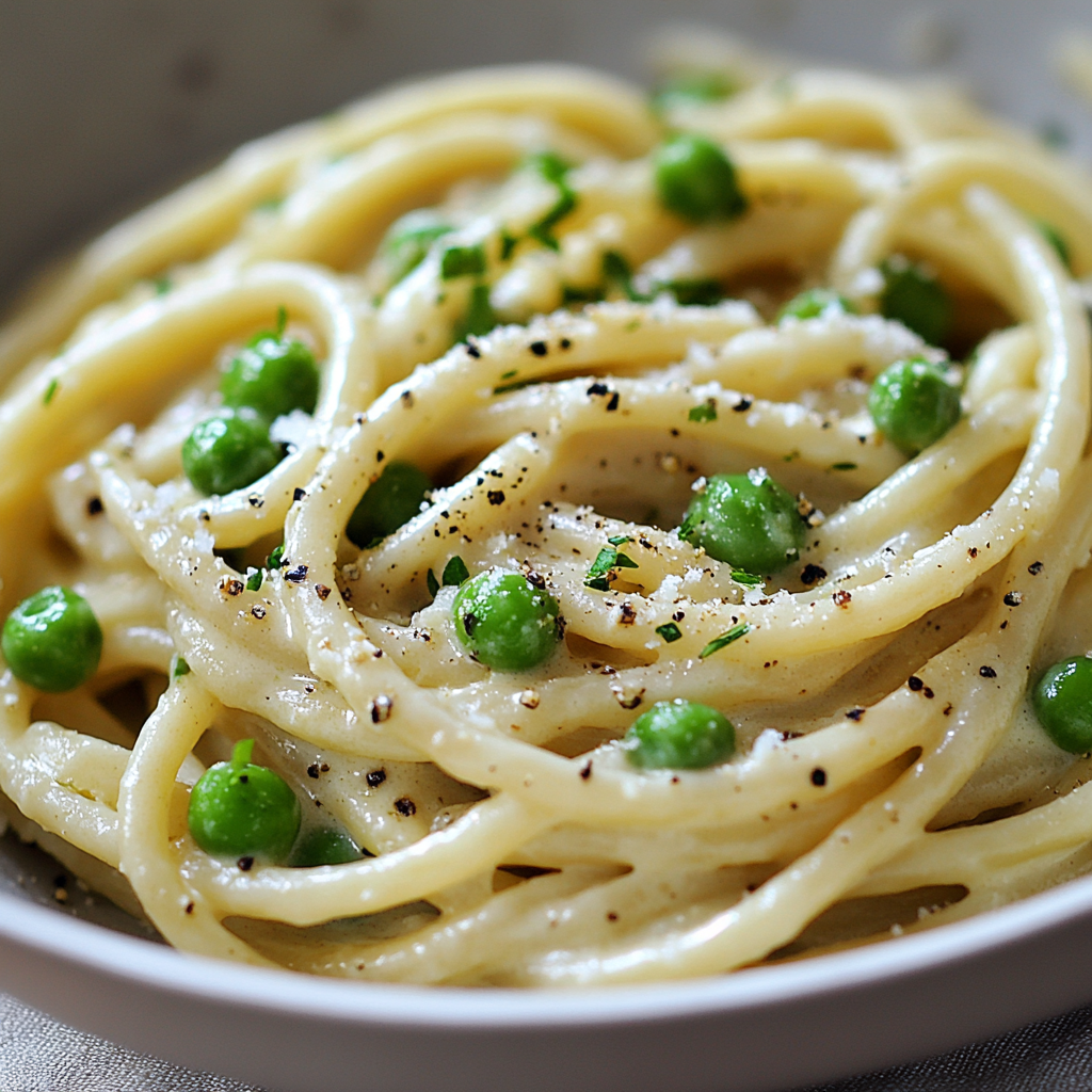Garlic Cream Bucatini with Peas and Asparagus