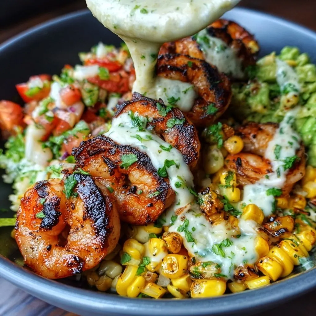 Grilled Shrimp Bowl with Avocado, Corn Salsa & Creamy Sauce