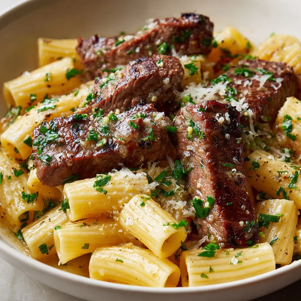 Garlic Butter Steak with Creamy Parmesan Rigatoni