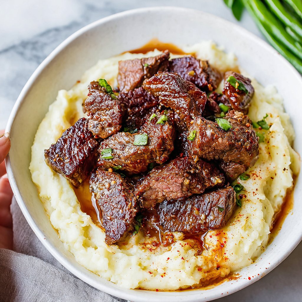 Steak Bites with Mashed Potatoes