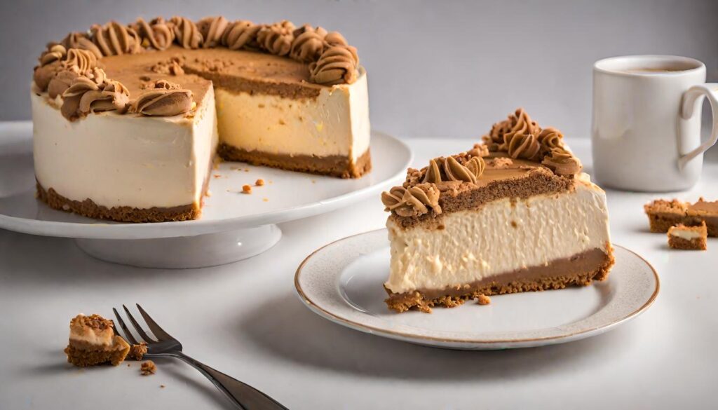 A slice of Biscoff Cheesecake on a plate