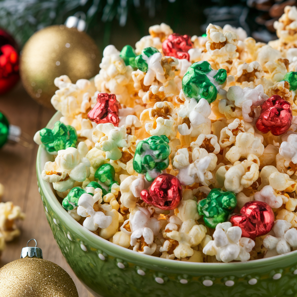 A close-up of a green bowl filled with festive caramel popcorn, featuring red and green colored pieces, with Christmas ornaments nearby.