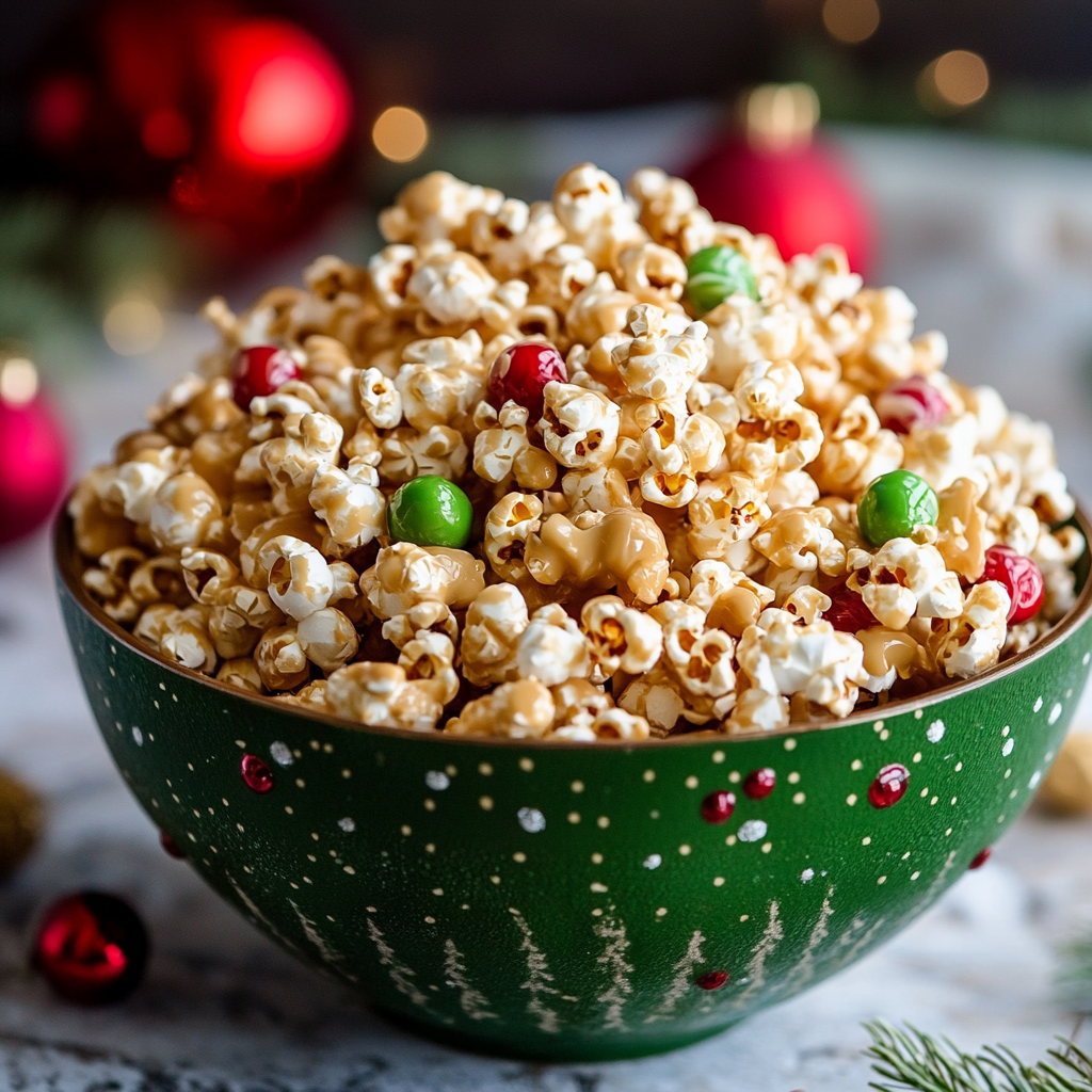 A close-up of a green bowl filled with festive caramel popcorn, featuring red and green colored pieces, with Christmas ornaments nearby.