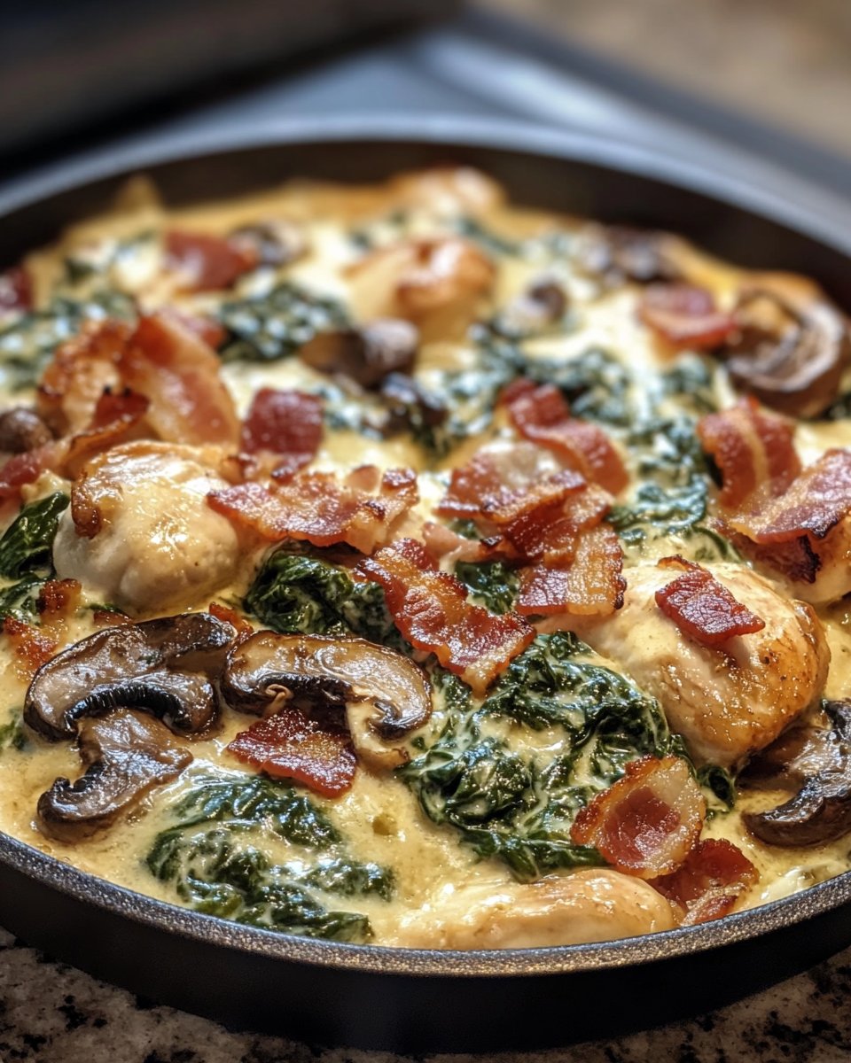 Smothered Chicken with Creamed Spinach Bacon And Mushrooms