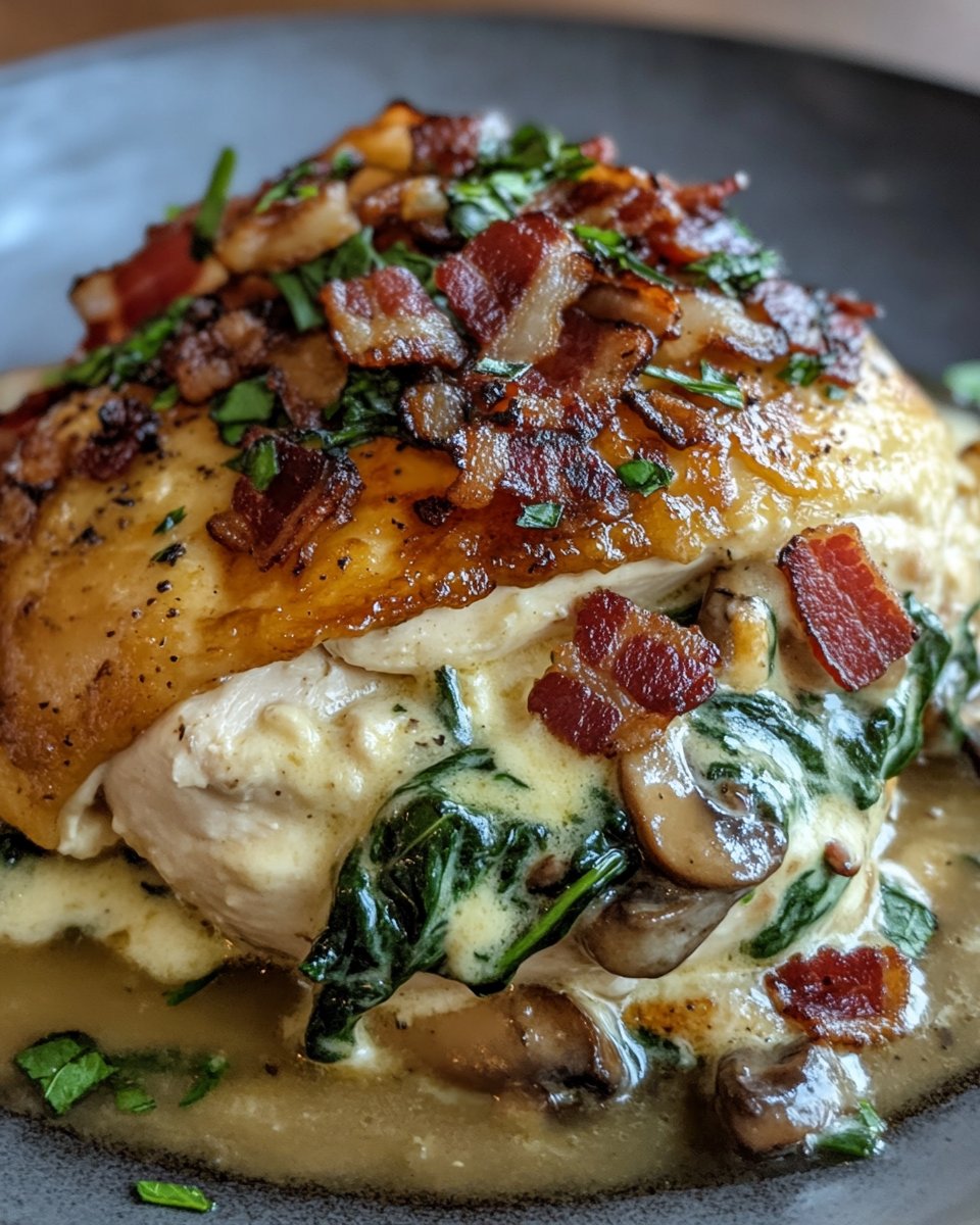 Smothered Chicken with Creamed Spinach Bacon And Mushrooms