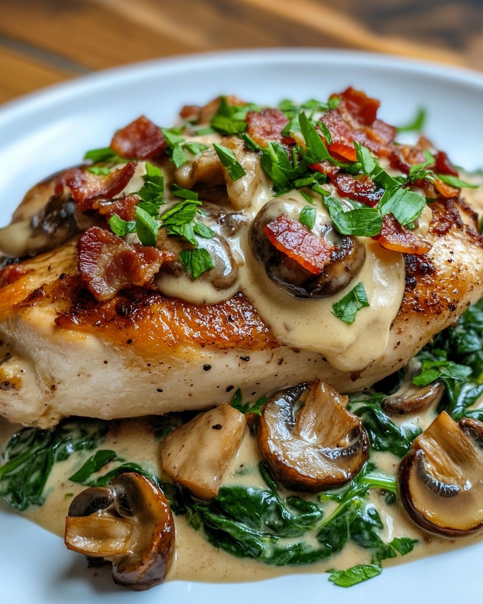 Smothered Chicken with Creamed Spinach Bacon And Mushrooms