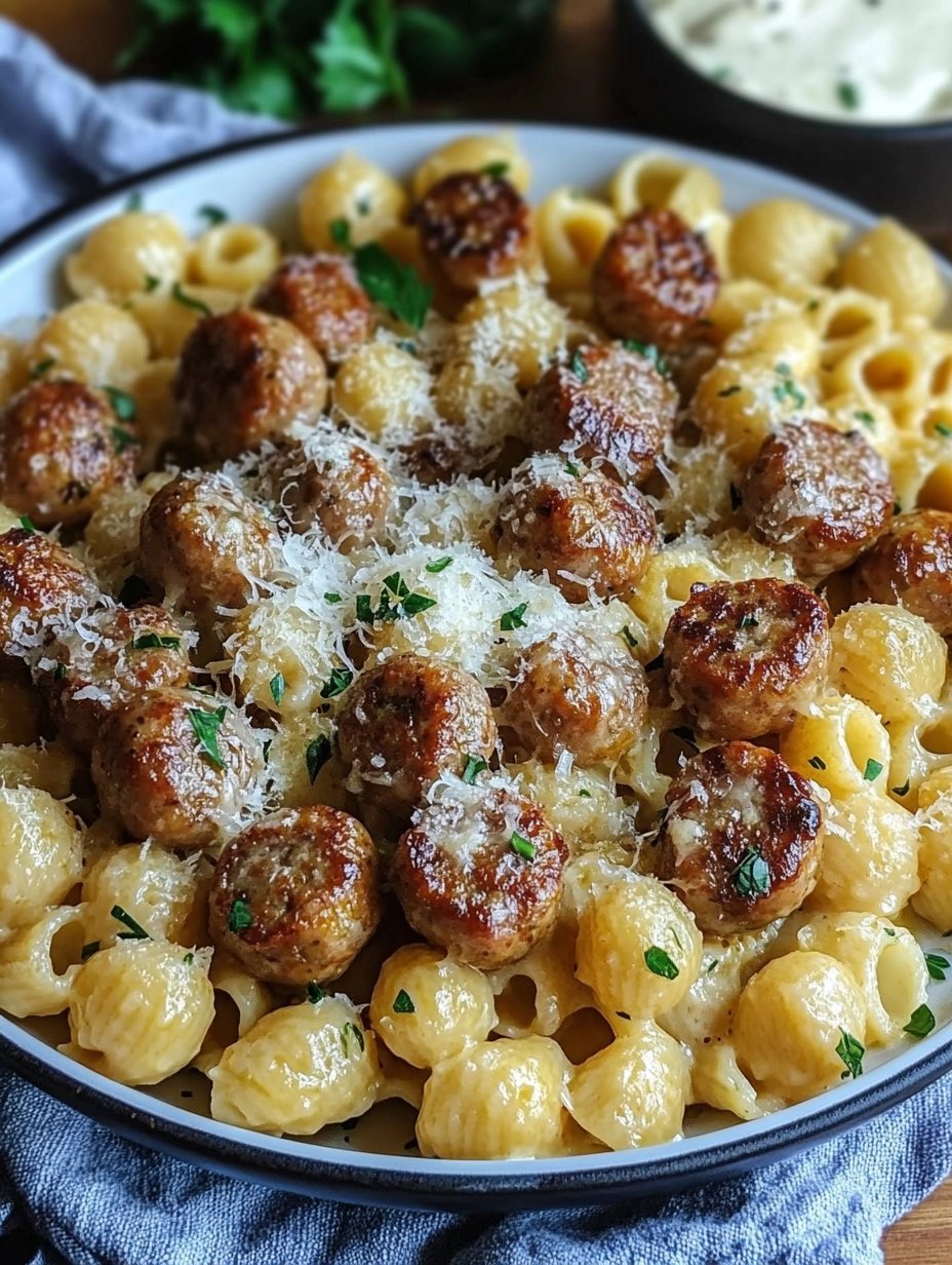 Garlic Butter Sausage Bites with Creamy Parmesan Pasta