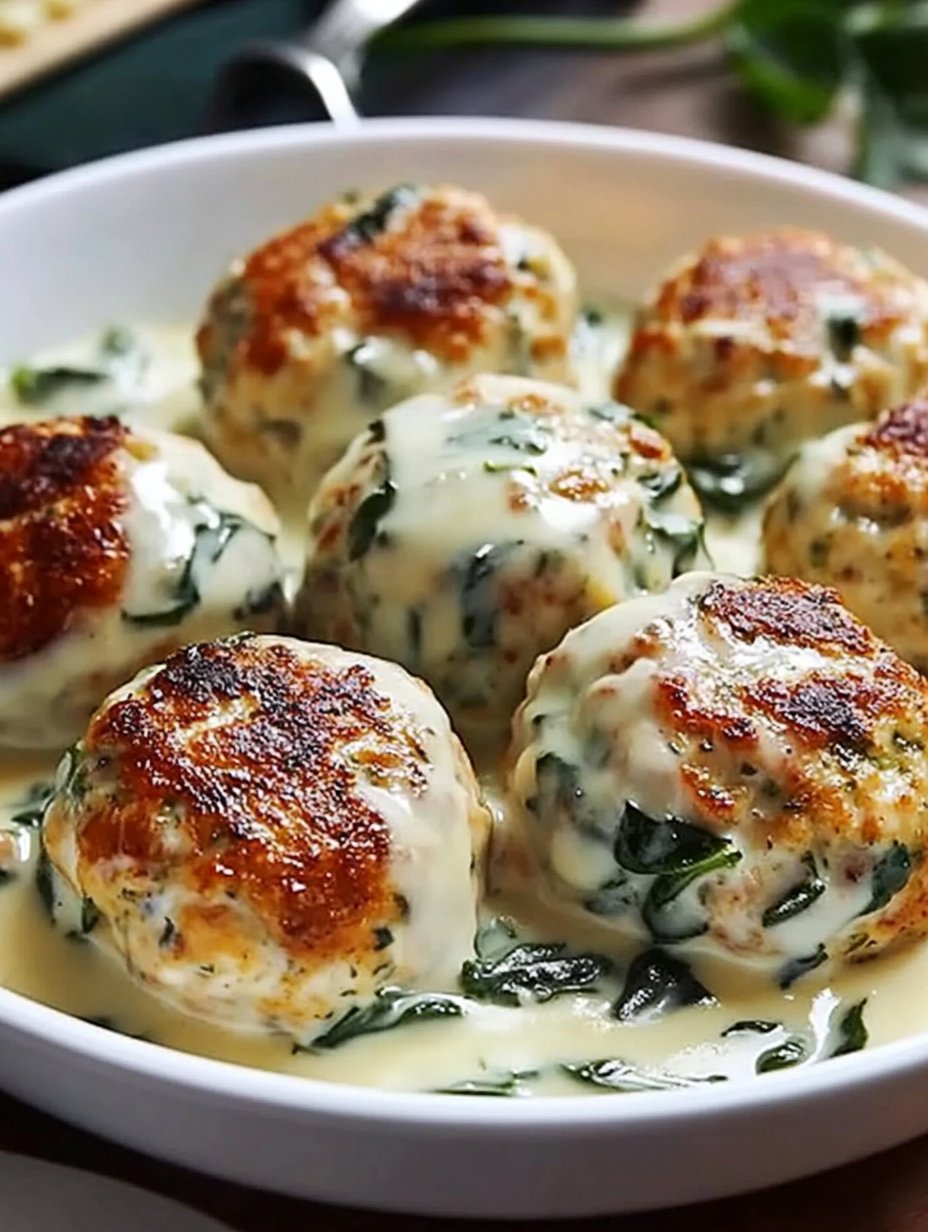 Chicken Ricotta Meatballs with Spinach Alfredo Sauce