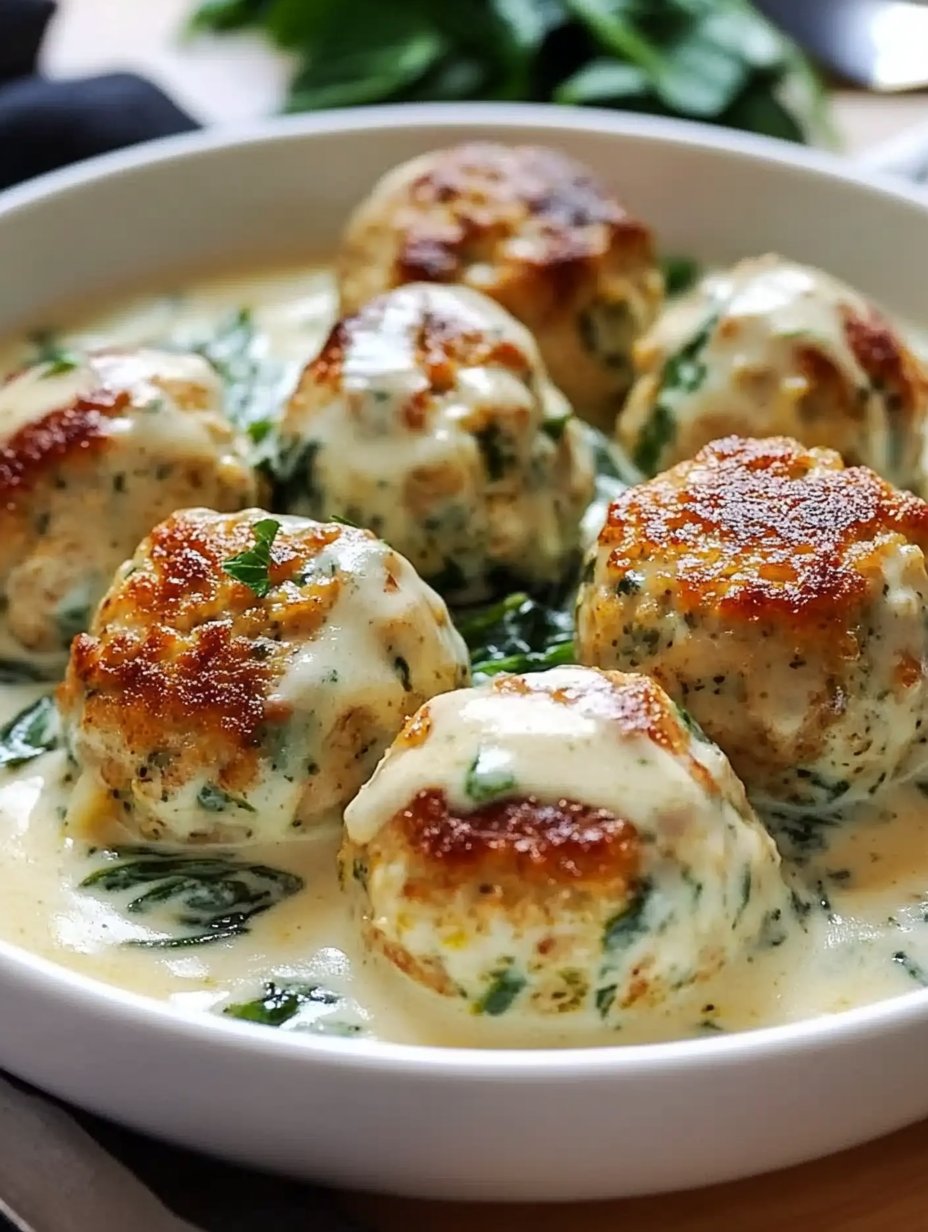 Chicken Ricotta Meatballs with Spinach Alfredo Sauce