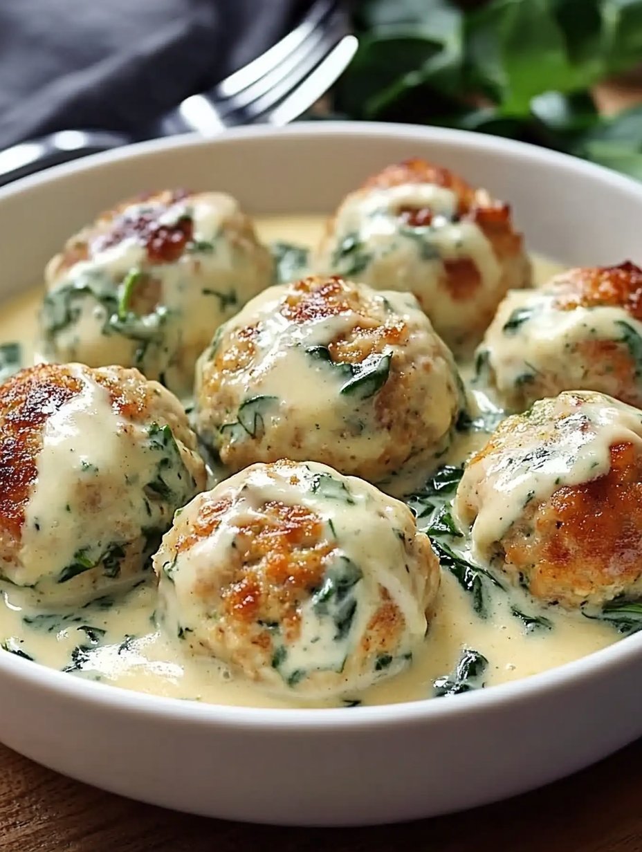 Chicken Ricotta Meatballs with Spinach Alfredo Sauce