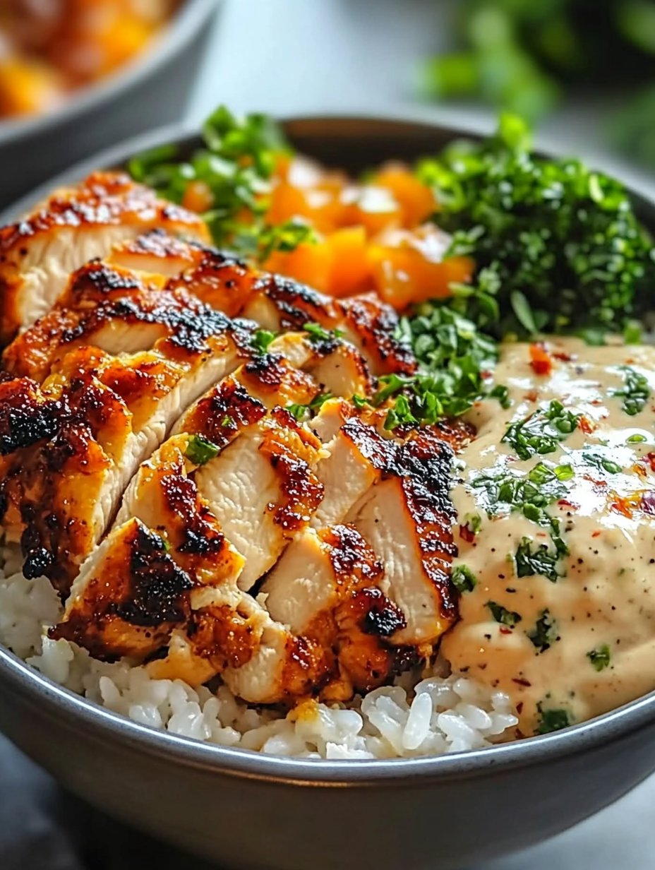 Chicken & Rice Bowls with Creamy Garlic Sauce Recipe