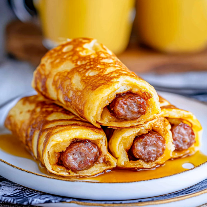 Breakfast Pigs in a Blanket (Fluffy pancakes wrapped around breakfast sausage)