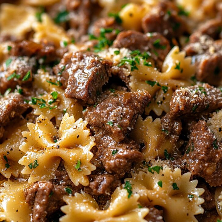 Cheesy Beef & Bowtie Pasta in Garlic Butter Recipe