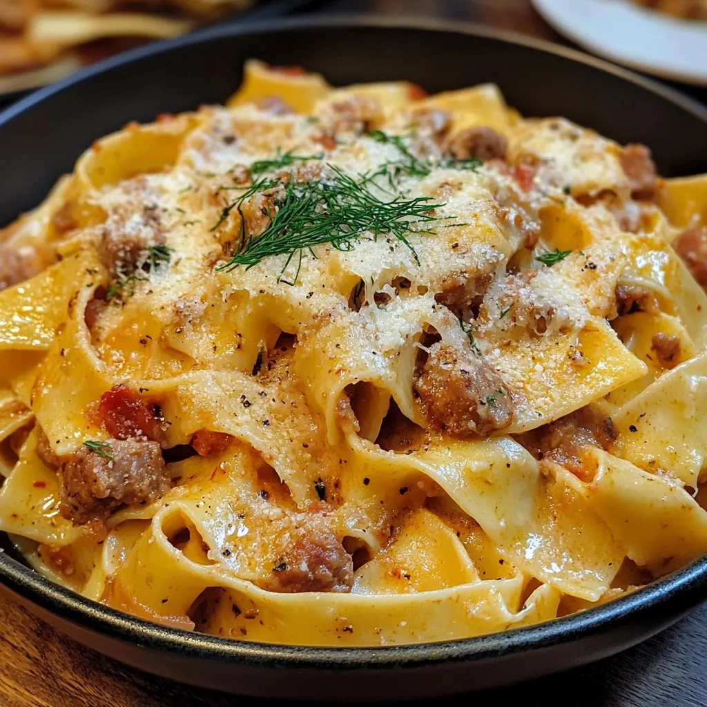 Creamy Calabrian Chili Pappardelle alongside Sausage & Fennel