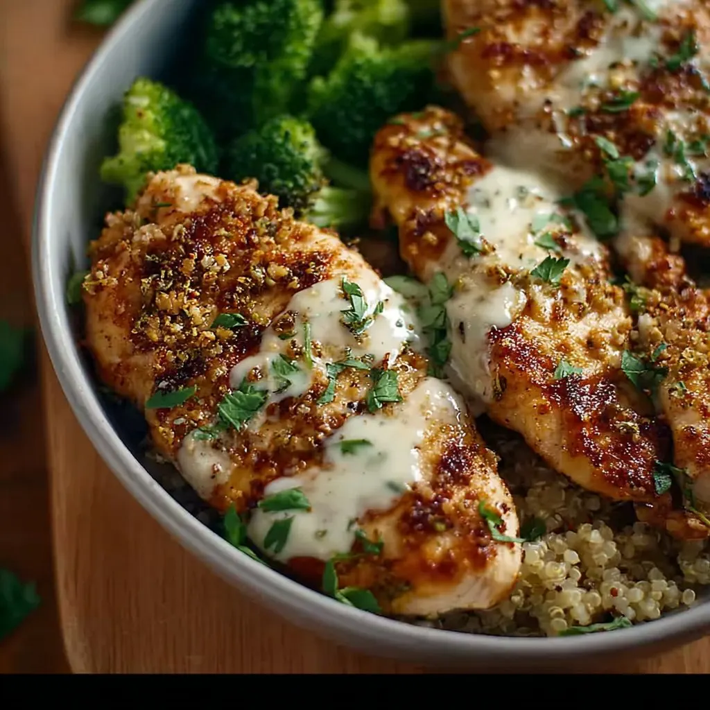 Grilled Chicken & Broccoli Bowls with Creamy Garlic Sauce