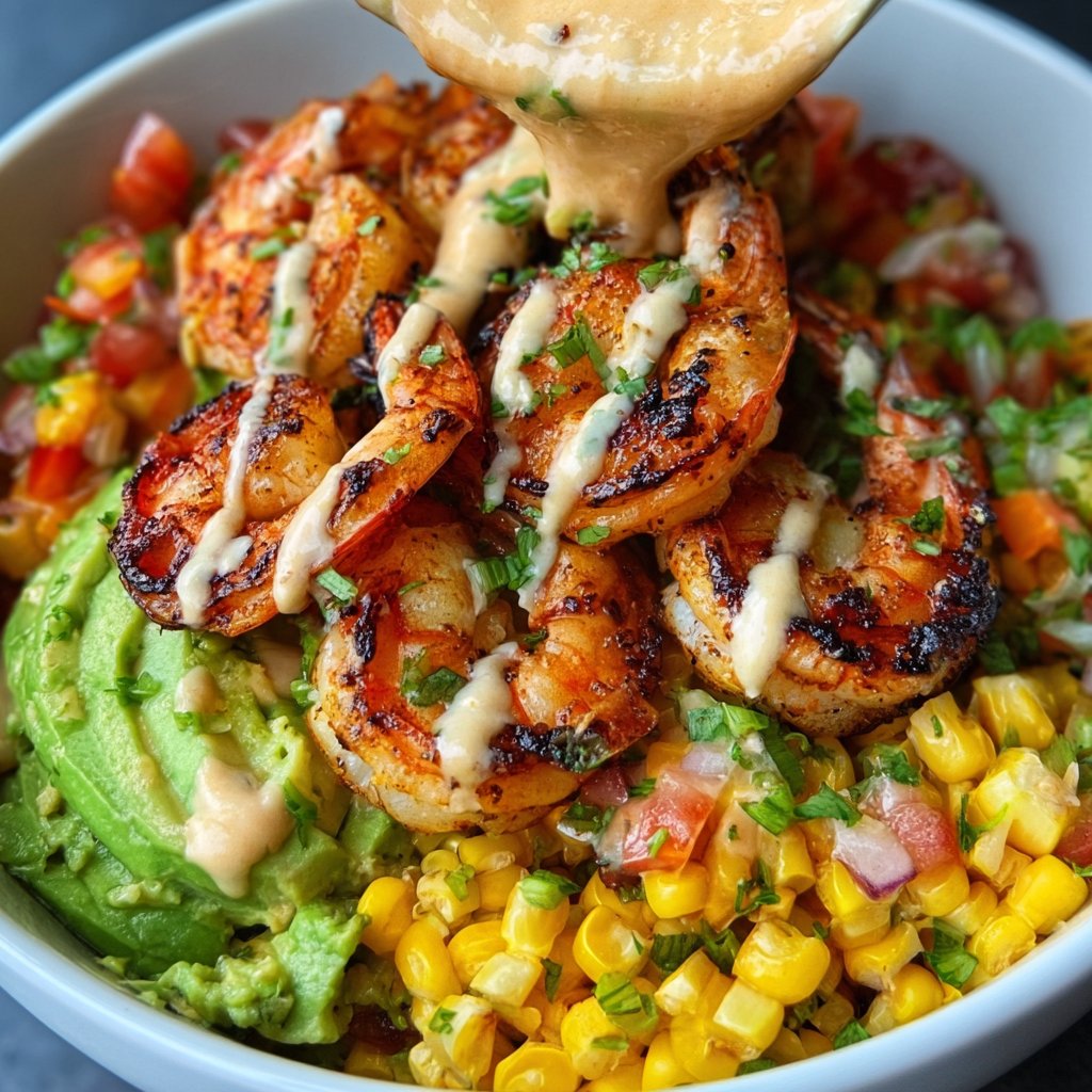 Grilled Shrimp Bowl with Avocado, Corn Salsa & Creamy Sauce