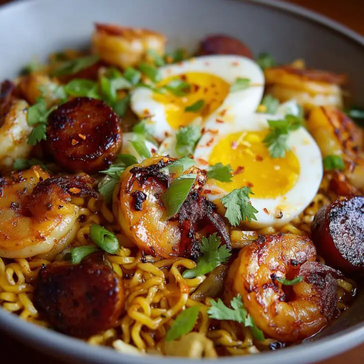 Spicy Noodles with Seared Kielbasa, Shrimp, and Soft-Boiled Egg