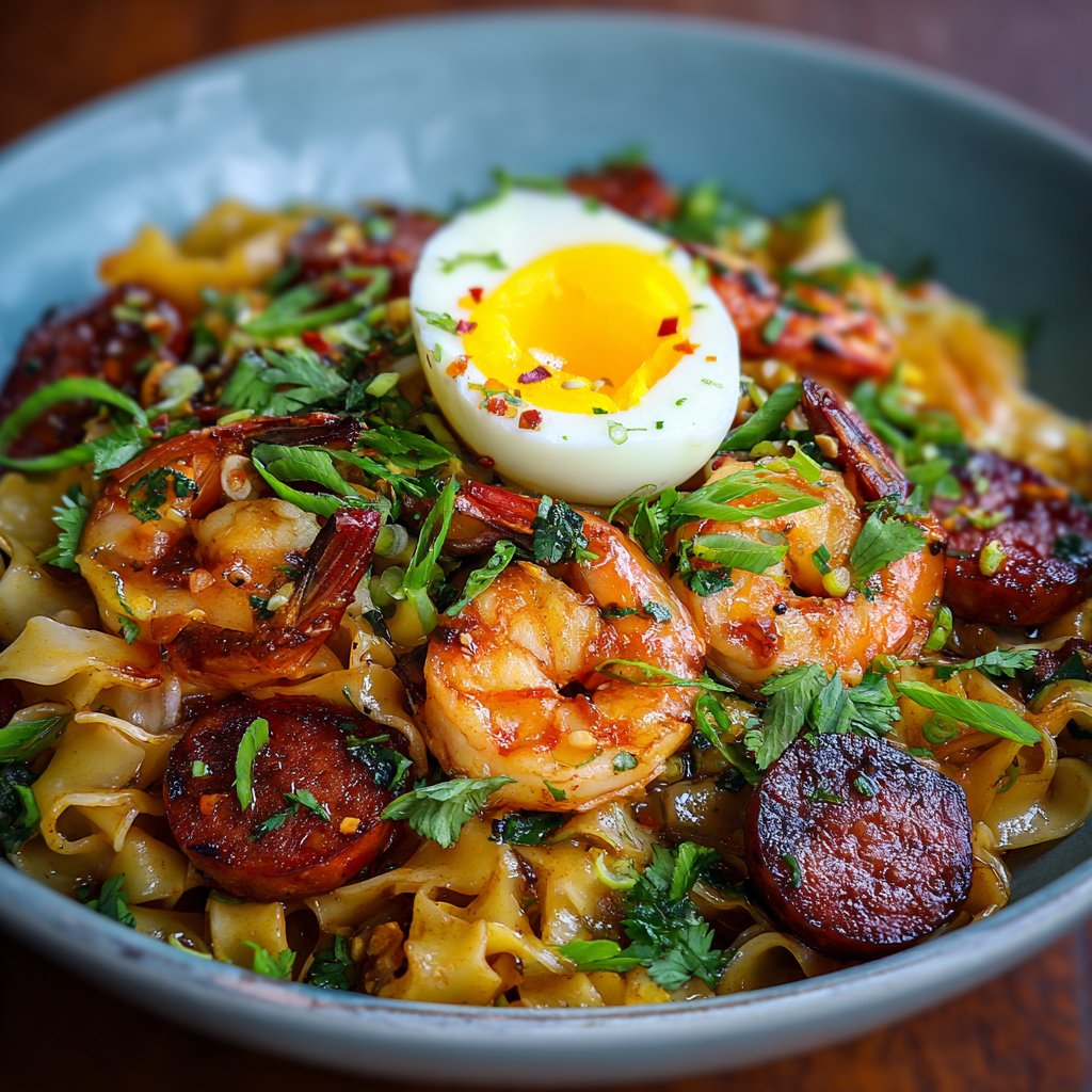 Spicy Noodles with Seared Kielbasa, Shrimp, and Soft-Boiled Egg