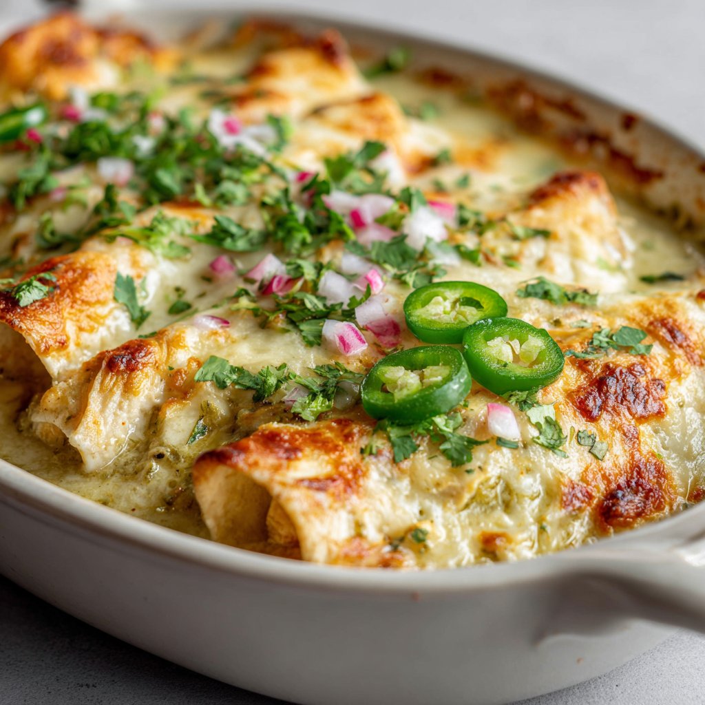 Green Chili Chicken Enchiladas with Cheese Sauce
