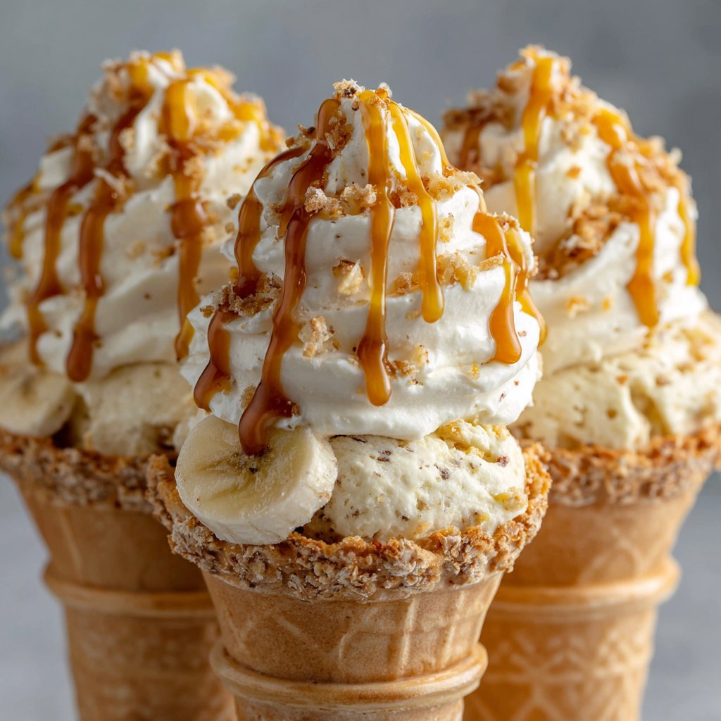 Banana Pudding Cheesecake Cones with Caramel Drizzle