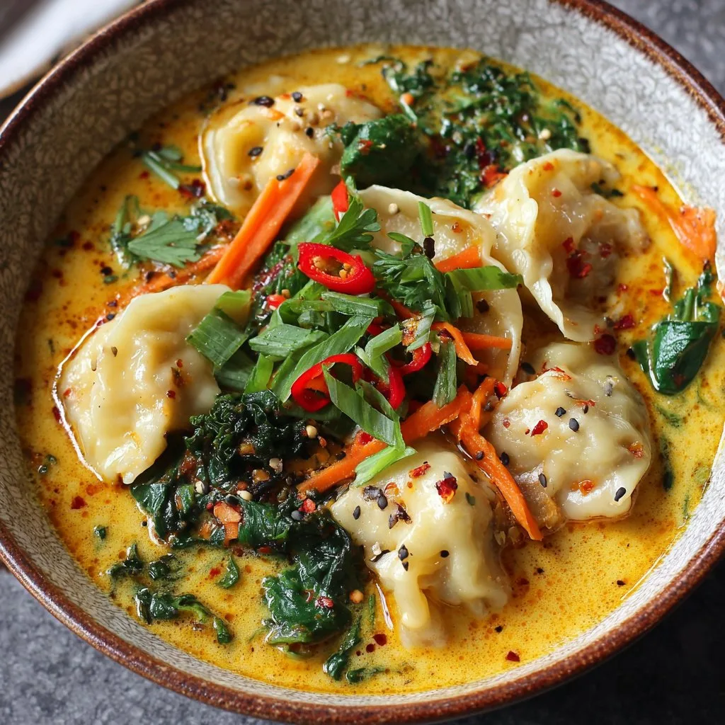 Coconut Curry Dumpling Soup with Spicy Broth