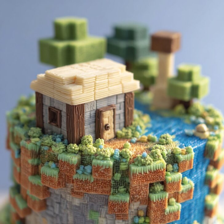 Minecraft Cake with Buttercream Blocks and Sprinkles