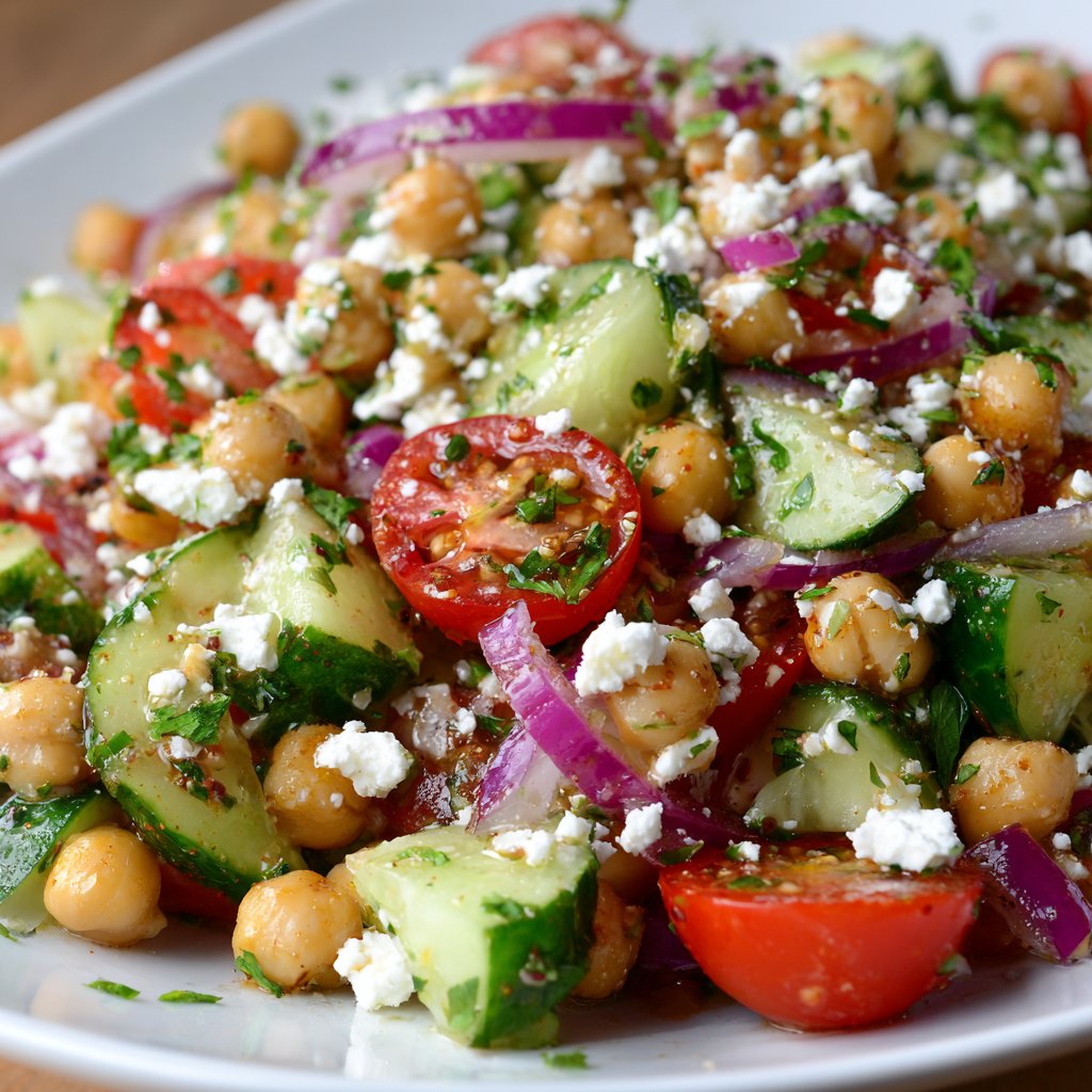Fresh Chickpea Cucumber Salad with Feta