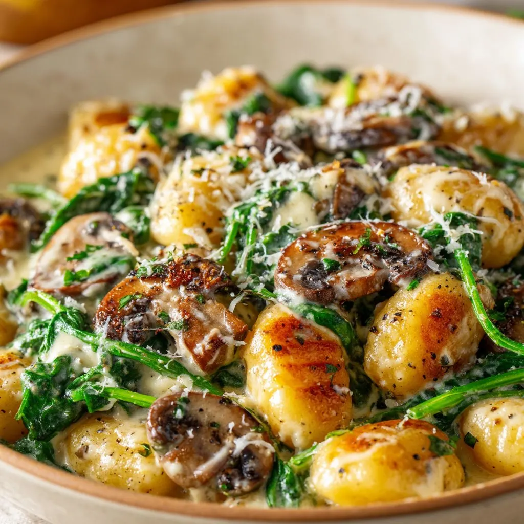 Spinach Mushroom Gnocchi with Garlic Cream
