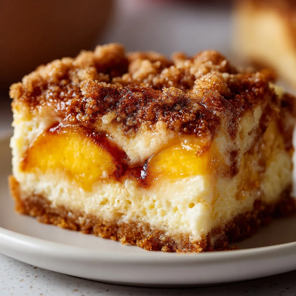 Peach Cheesecake Bars with Cinnamon Crumb Topping