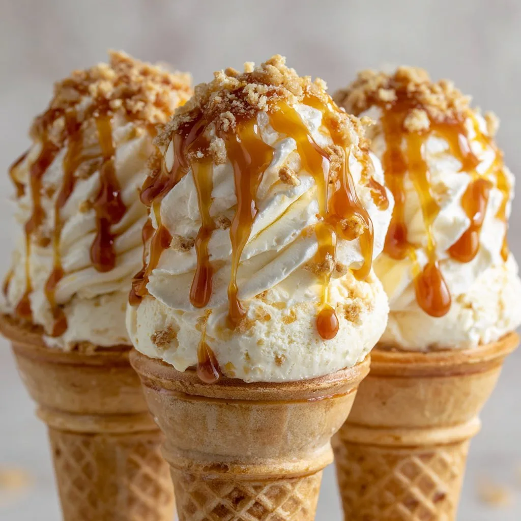 Banana Pudding Cheesecake Cones with Caramel Drizzle