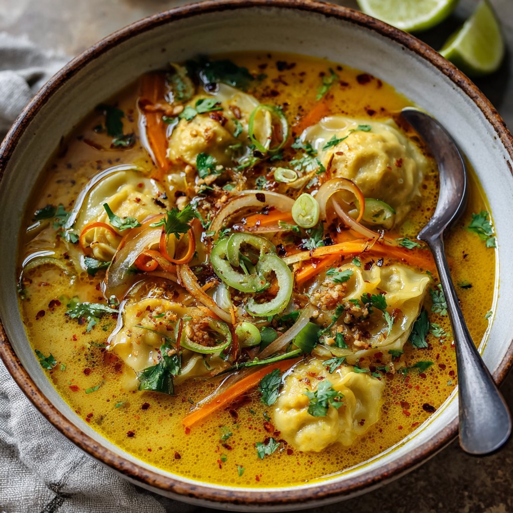 Coconut Curry Dumpling Soup with Spicy Broth