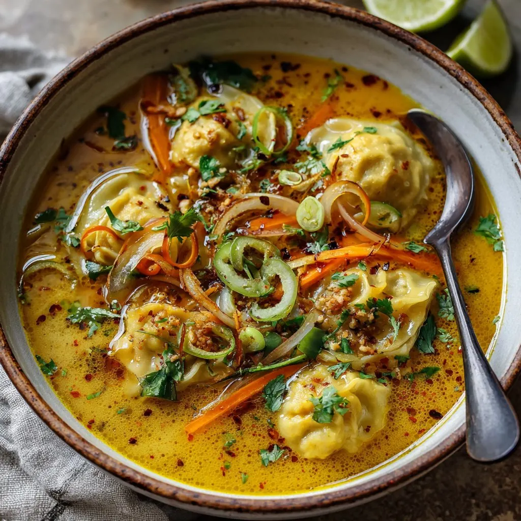 Coconut Curry Dumpling Soup with Spicy Broth