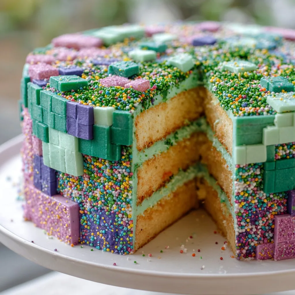 Minecraft Cake with Buttercream Blocks and Sprinkles