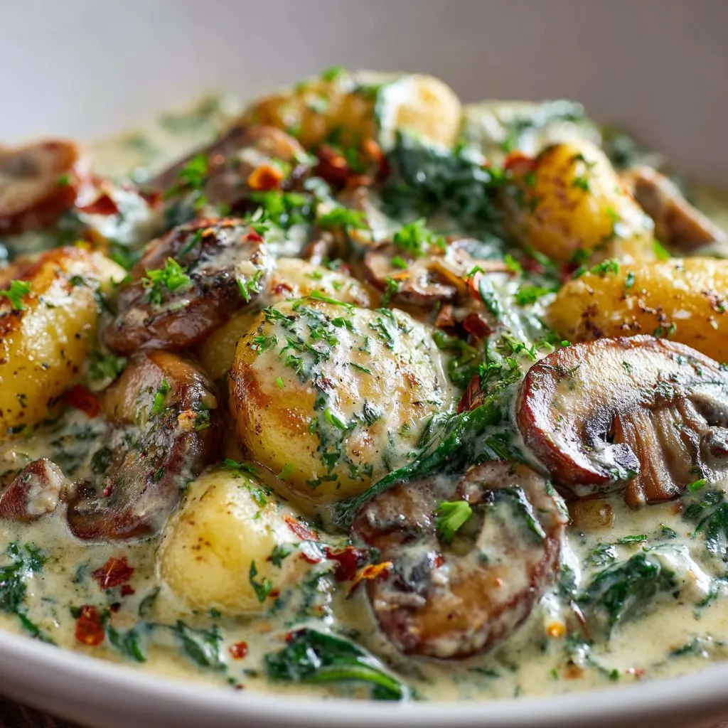 Spinach Mushroom Gnocchi with Garlic Cream