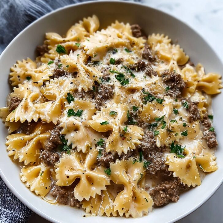 Creamy Parmesan Garlic Beef Bowtie Pasta