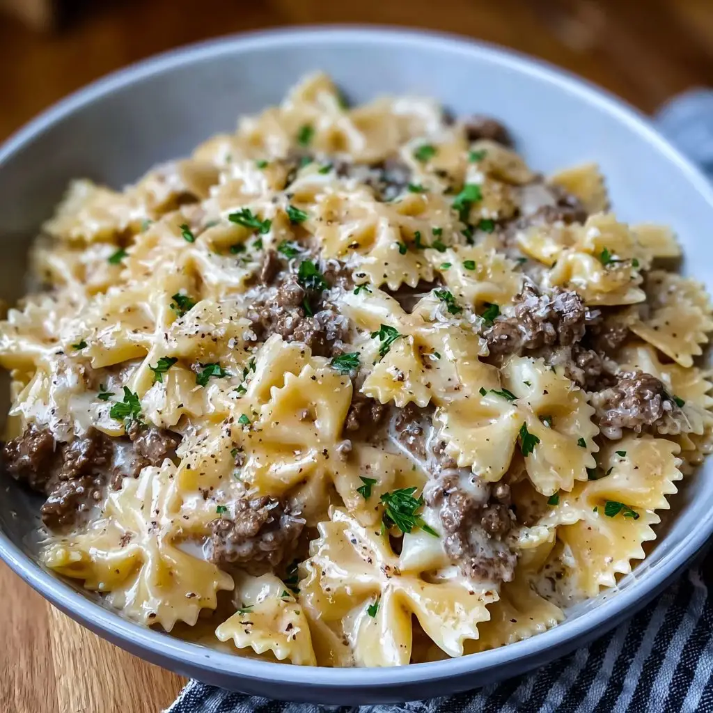Creamy Parmesan Garlic Beef Bowtie Pasta
