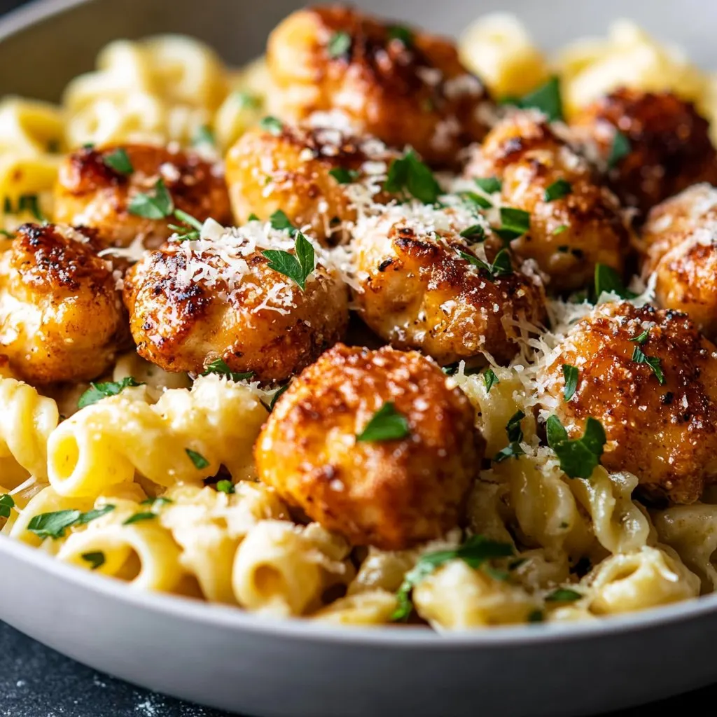 Garlic Butter Chicken Bites with Savory Creamy Parmesan Pasta Recipe