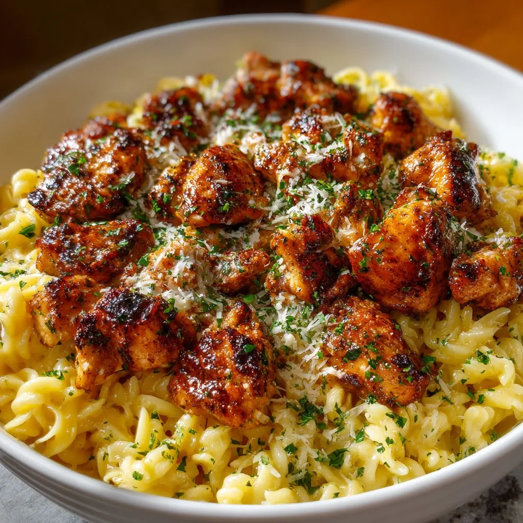 Garlic Butter Chicken Bites with Savory Creamy Parmesan Pasta Recipe