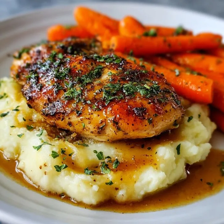 GARLIC HERB CHICKEN WITH MASHED POTATOES AND GLAZED CARROTS