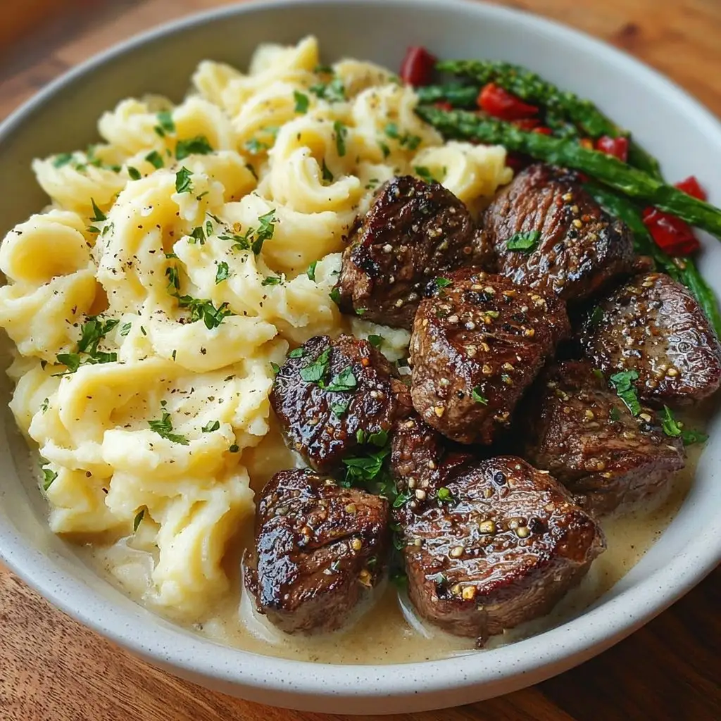 Garlic Pepper Steak Medallions with Buttery Mashed Potatoes