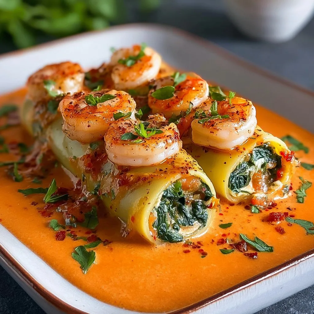 Shrimp and Spinach Stuffed Pasta Rolls with Roasted Red Pepper Cream