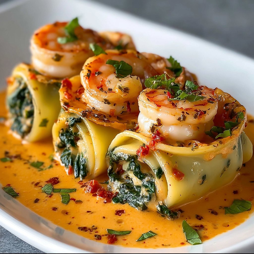 Shrimp and Spinach Stuffed Pasta Rolls with Roasted Red Pepper Cream