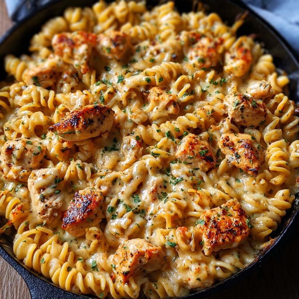 Cheesy Cajun Garlic Chicken Rotini Skillet