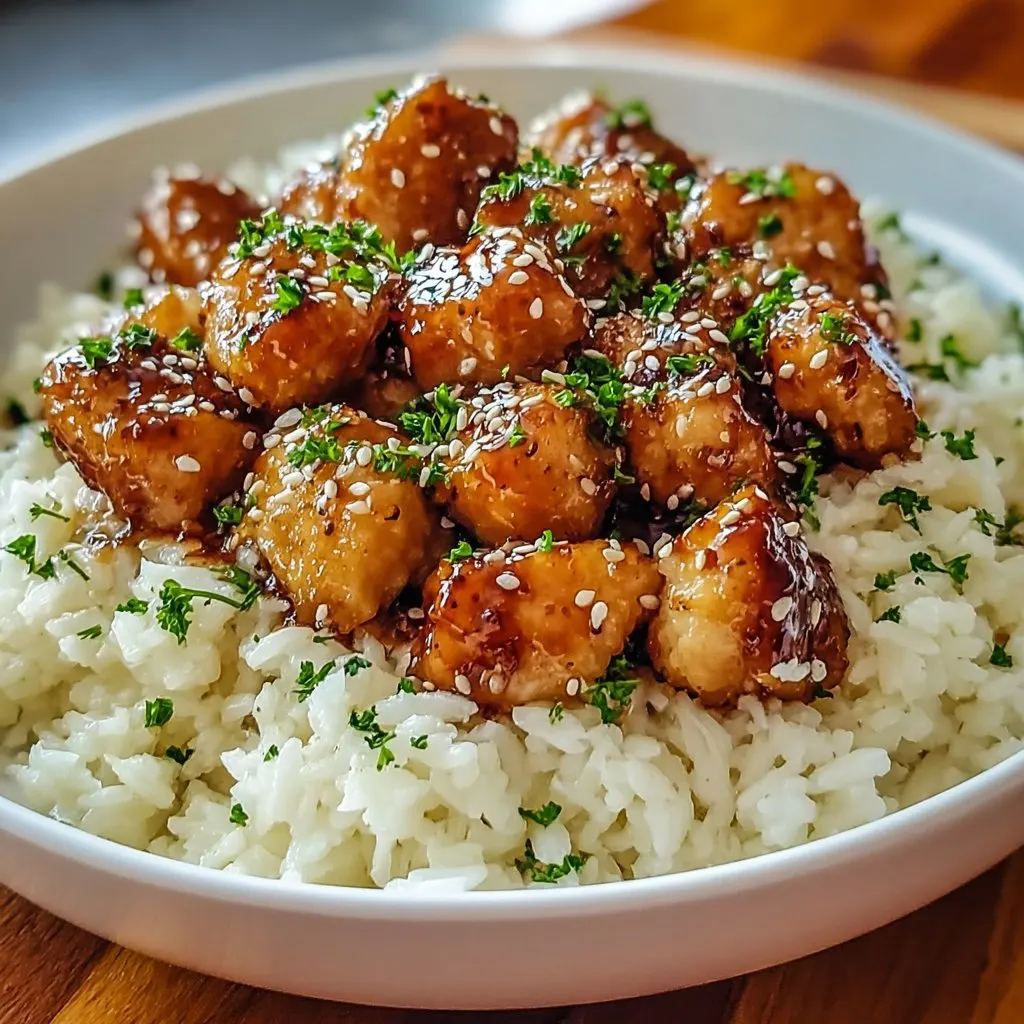 Honey Garlic Chicken Bites And Creamy Rice