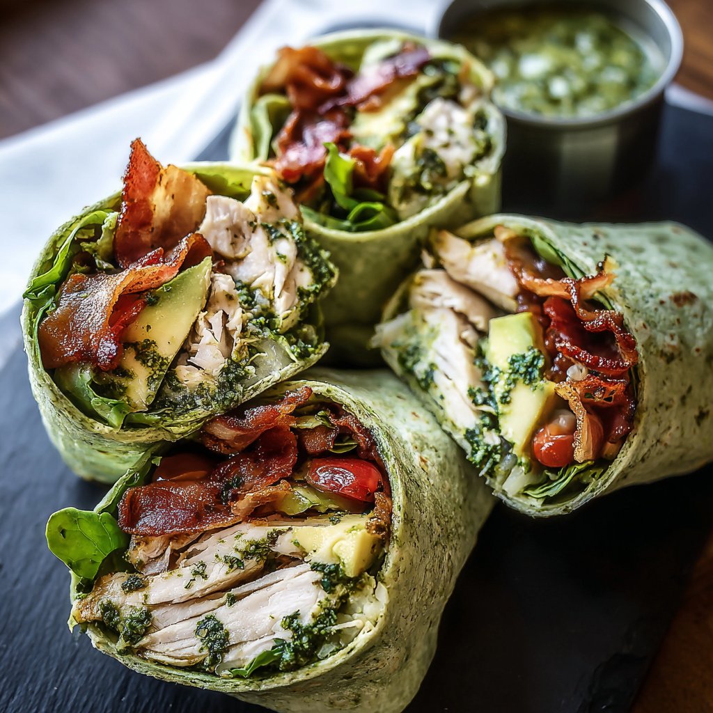 Pesto Chicken and Avocado Bacon Salad Wraps