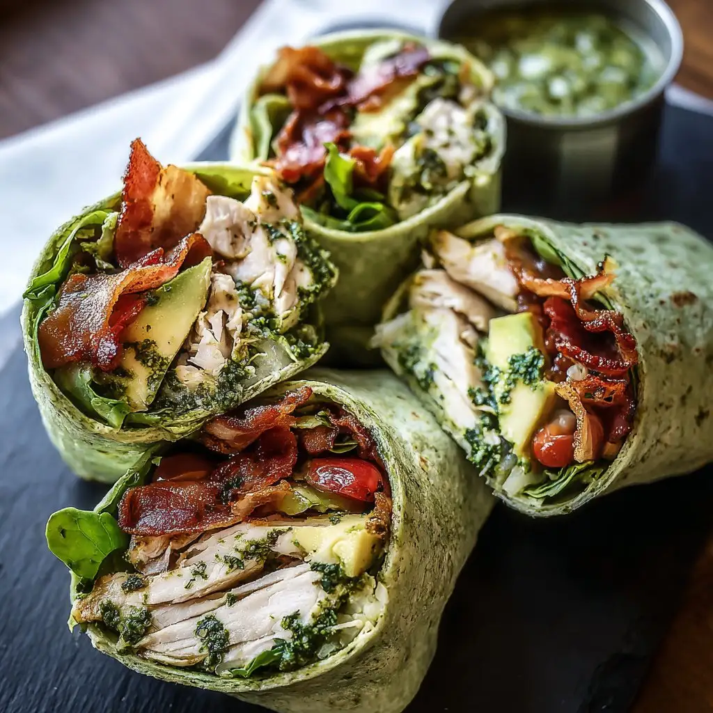 Pesto Chicken and Avocado Bacon Salad Wraps